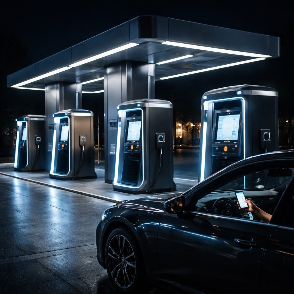 Автоматизированная модульная автозаправка ночью, светящиеся терминалы самообслуживания, бесконтактна